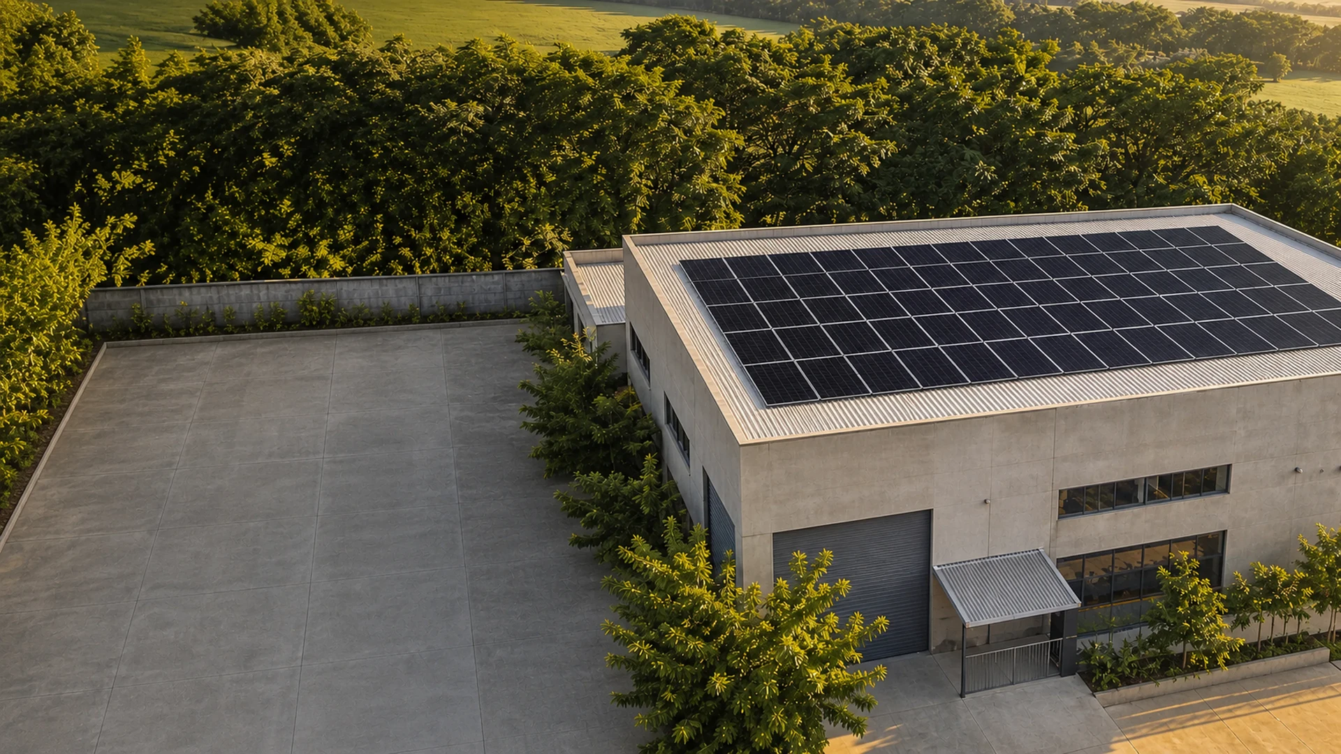 Edificação empresarial com painéis solares instalada em área arborizada