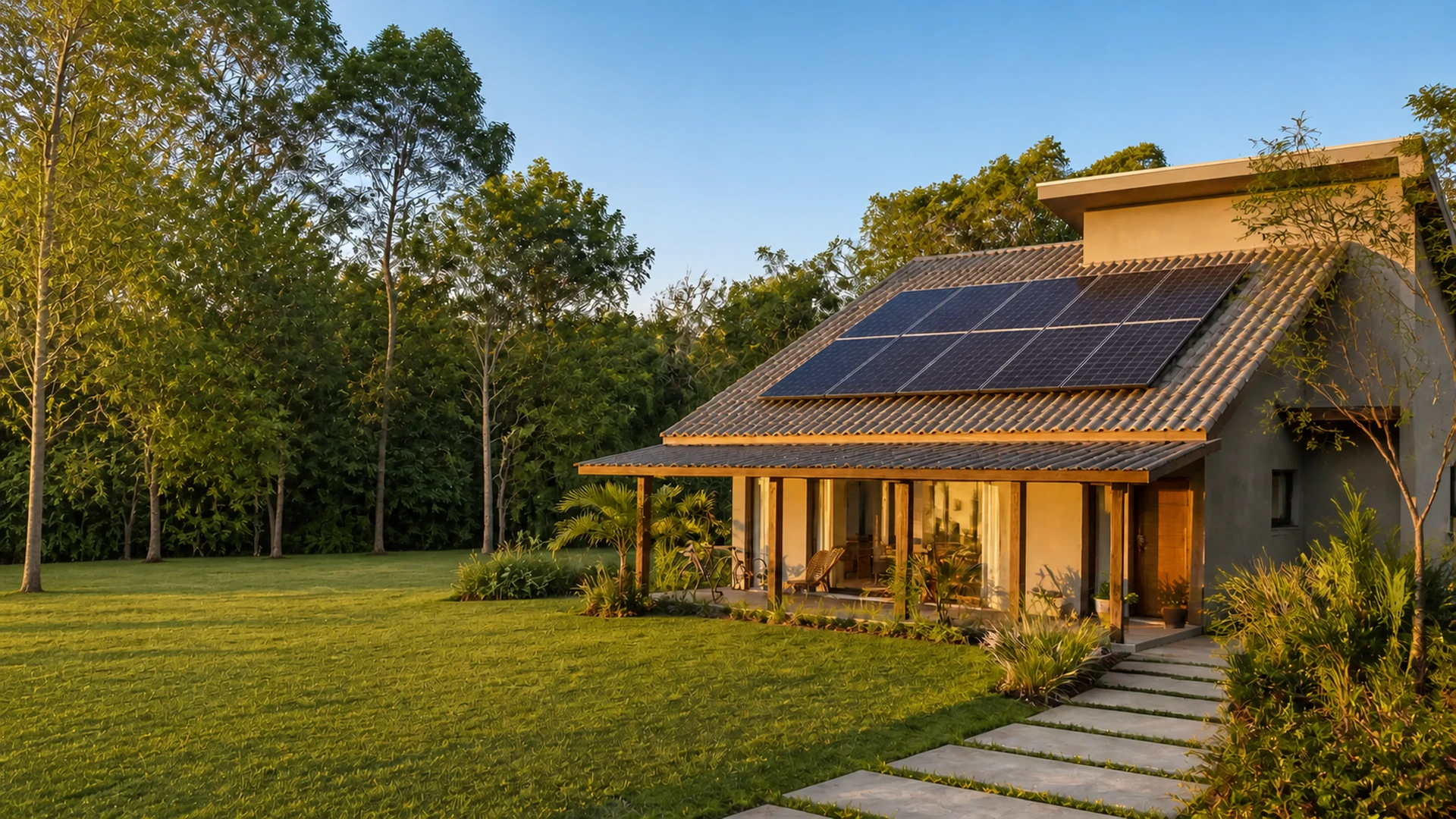 Casa em área verde com sistema de painéis solares no telhado